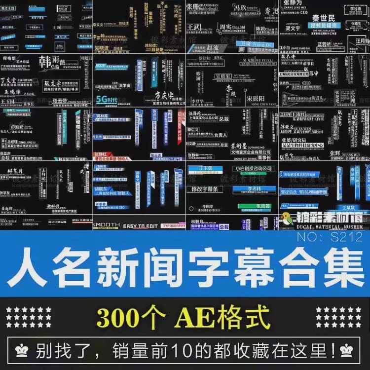<PR/AE模板>:人名字幕条、新闻字幕条及电视栏目标题文字人物介绍素材S212概览-大白白资源库