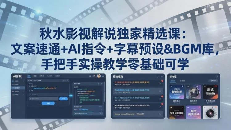 <秋水影视解说课核心内容>：文案速通、AI指令、字幕预设及BGM库，零基础实操教学-大白白资源库