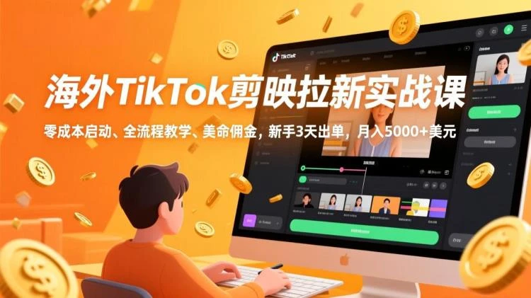<海外TikTok剪映拉新实战>零成本启动全流程教学，助新手3天出单月入5000+美元-大白白资源库